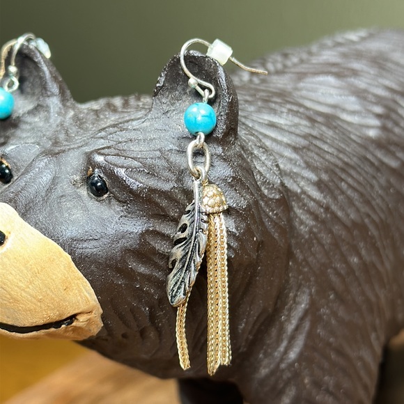 Tribal Inspired Turquoise and Feather Earrings - Picture 3 of 6